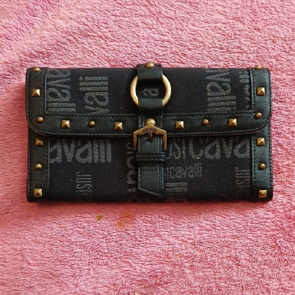 Roberto Cavalli Black Logo Wallet with Gold Stud Accents